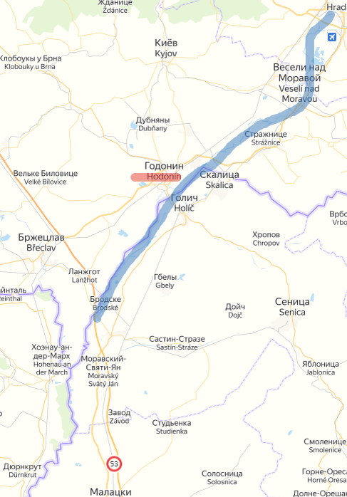 Река Морава и город Годонин. Создано на основе Яндекс-Карт