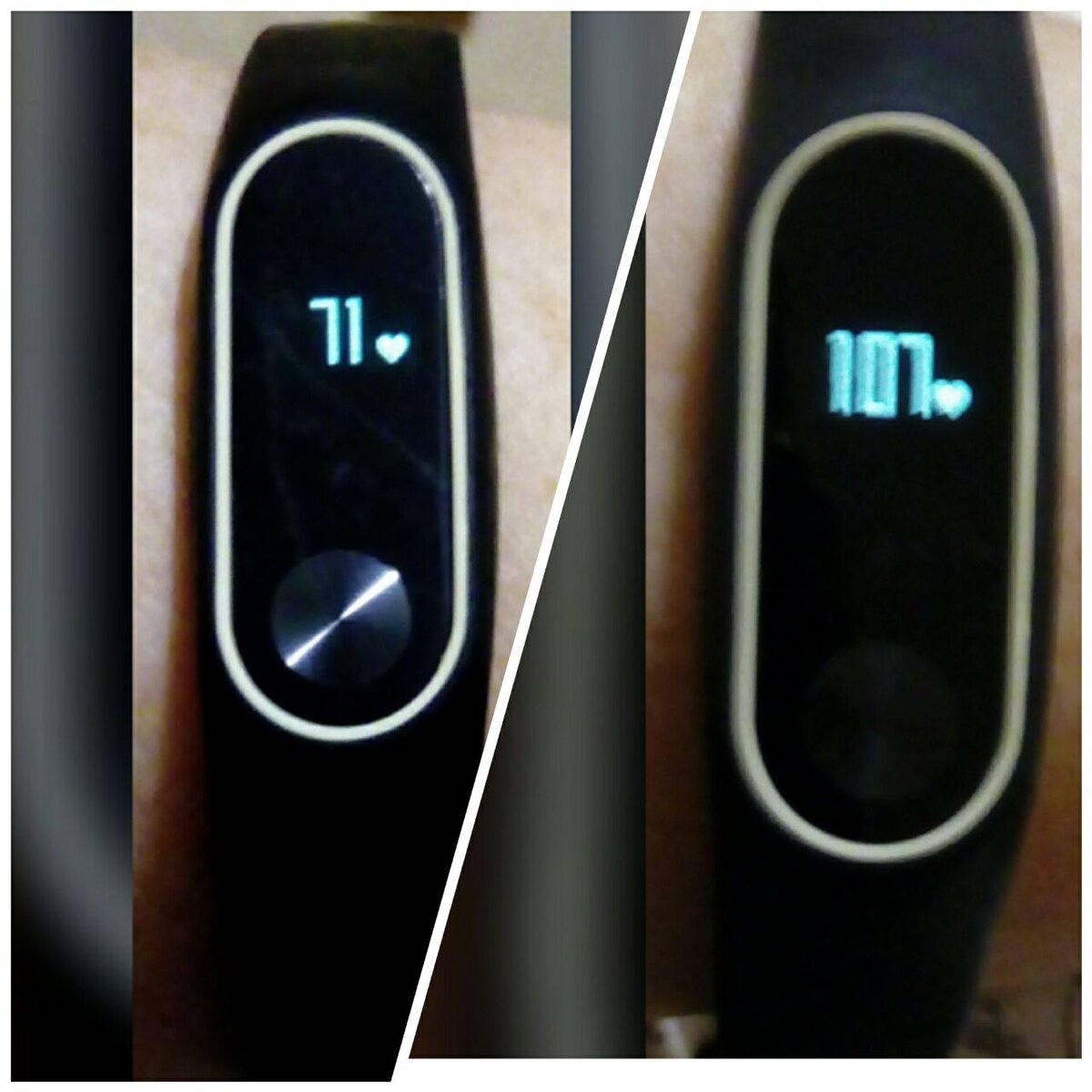 Слева показания пульса на фитнес браслете до приседаний, справа после.