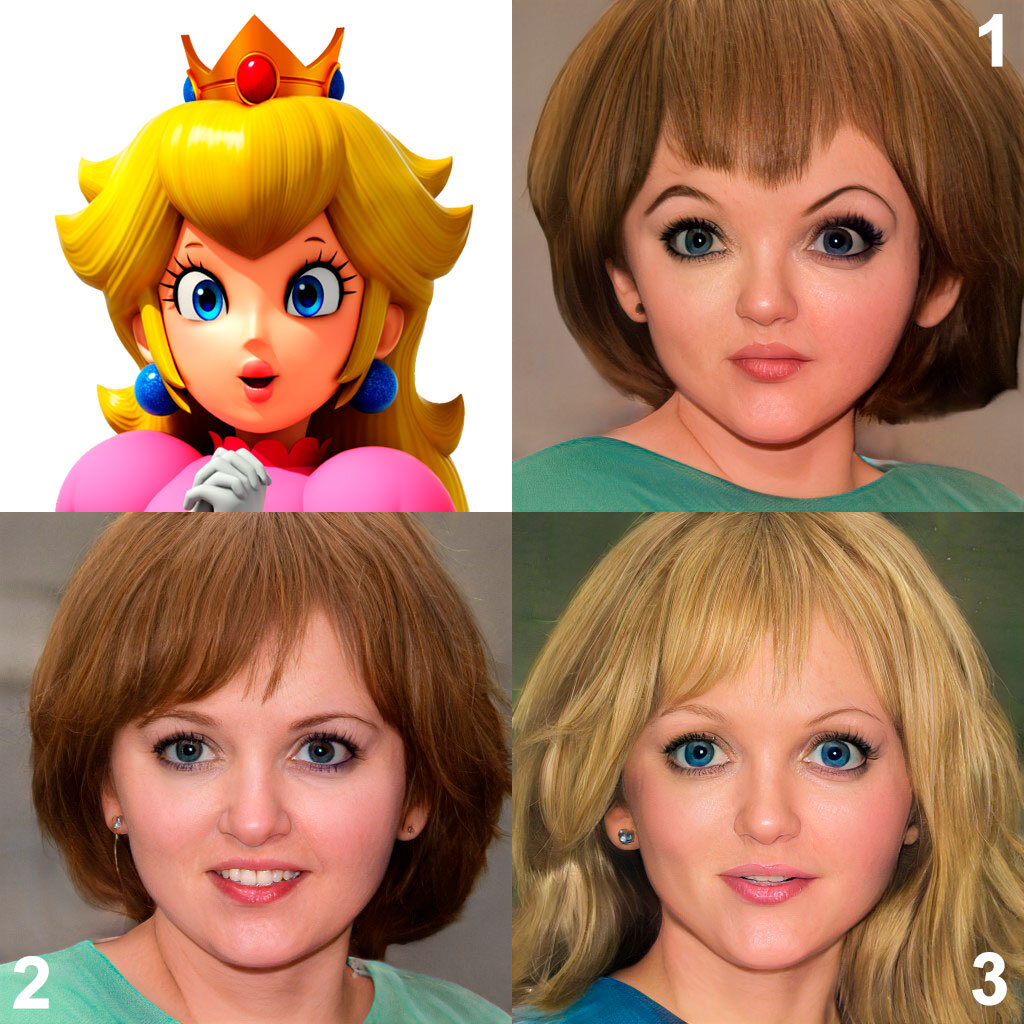 Принцесса Пич в образе человека. Фото автора. Выполнено с использованием artbreeder.com. Фото Принцессы: источник www.mario.fandom.com