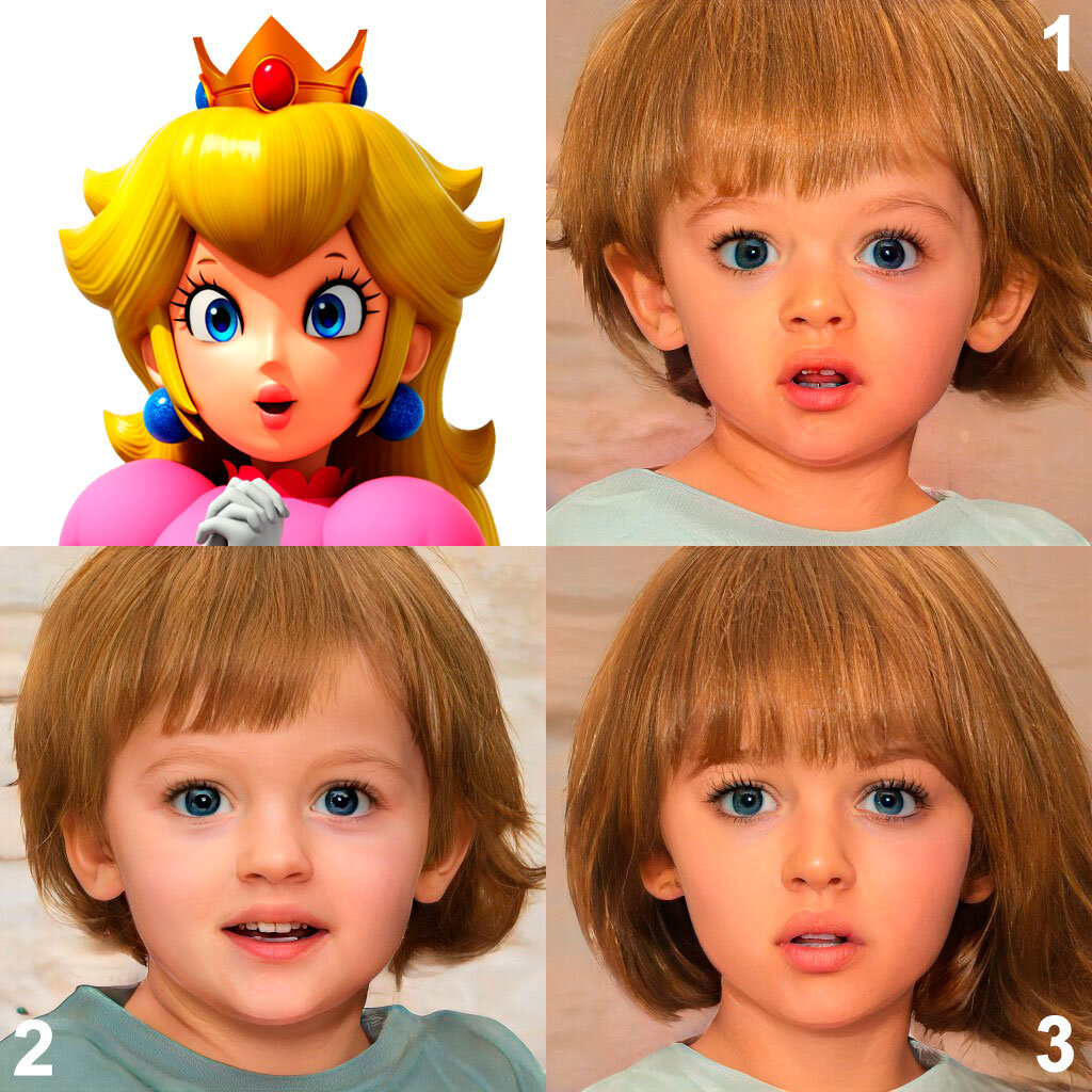 Принцесса Пич в детстве. Фото автора. Выполнено с использованием artbreeder.com. Фото Принцессы: источник www.mario.fandom.com