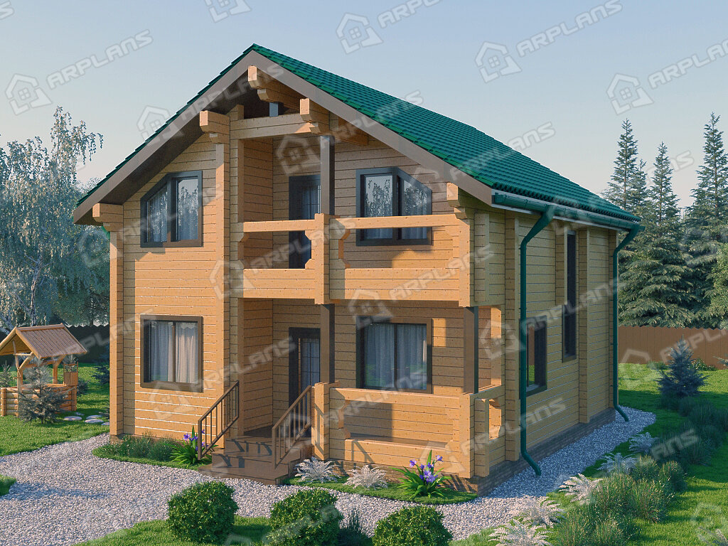 Фото 1 двухэтажного дома из бруса с мансардой, 4 спальнями, балконом и котельной. Общая площадь до 130 кв м. Источник arplans.ru Проект ДС-037