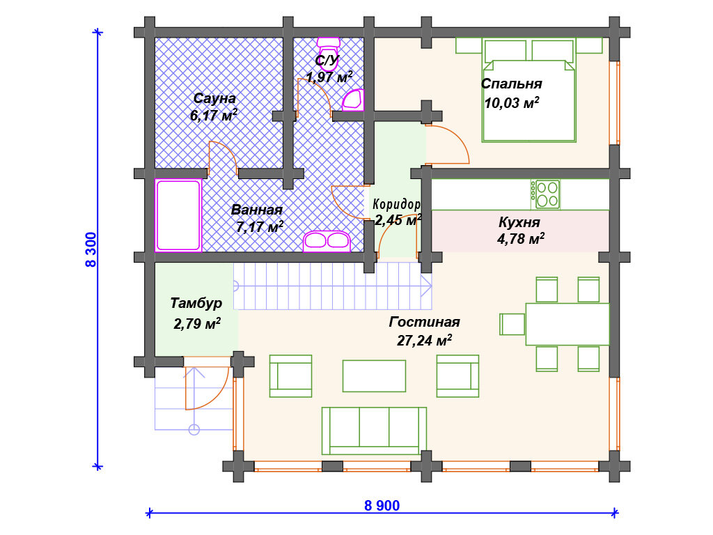 Проект деревянного дома с сауной (8х9 м) | Arplans.ru - проекты домов | Дзен