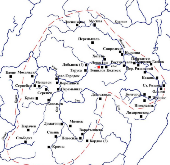 Города вятичей в XII веке (по Т. Н. Никольской, 1981)