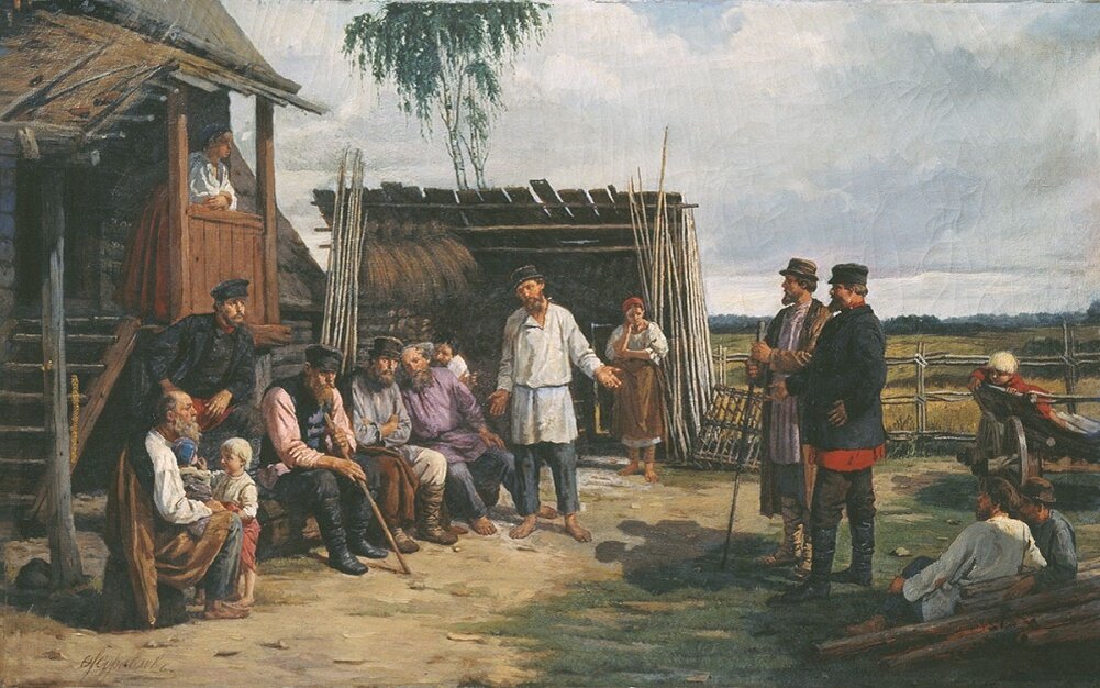 Журавлев Фирс, «Крестьянская сходка», 1870-е. Вольский краеведческий музей.