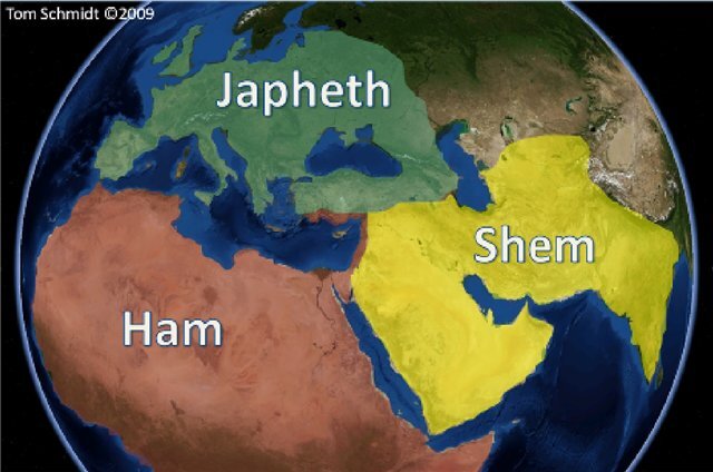 Карта расселения потомков сыновей Ноя(Сима, Хама, Иафета), из статьи В.Шакирова «Родословие народов» (из открытого доступа)