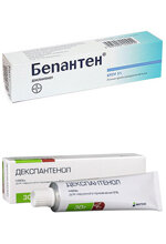 
цена:
Бепантен: 230р. 5% 30г.
Декспантенол: 83р. 5% 30г.
Действующее вещество: декспантенол. 
Показания: Воспалительные заболевания полости рта, носа, гортани, дыхательных путей, слизистой оболочки желудка; парестезии при неврологических заболеваниях, "сухой" ринит (после лечения вторичных острых ринитов сосудосуживающими ЛС, после пребывания в помещении с искусственным климатом или в зонах с сухим климатом); послеоперационное лечение (после операции на перегородке носа и после тонзиллэктомии), гестоз, эрозии урогенитального тракта.
