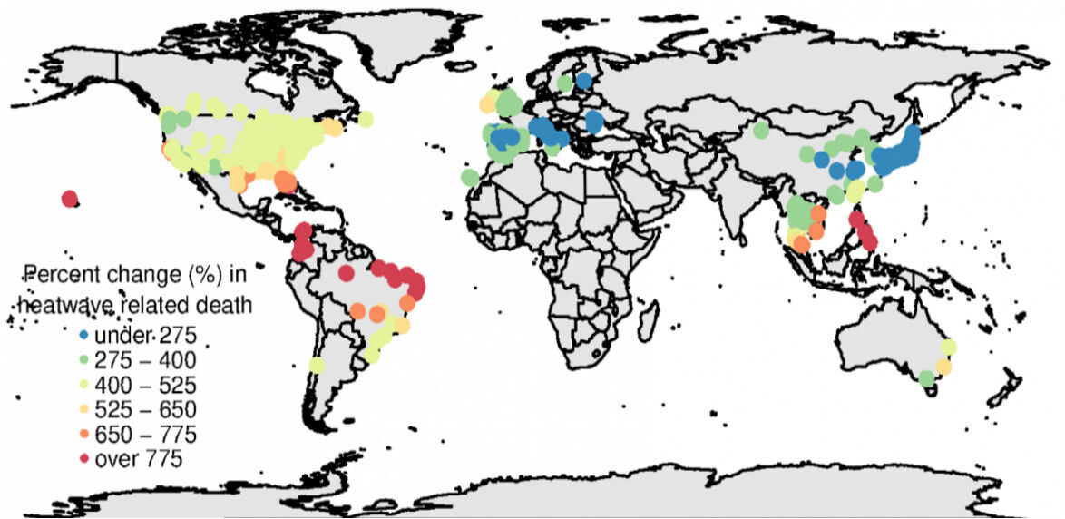 Прирост смертности от волн жары в 2031-2080 годах / journals.plos.org 