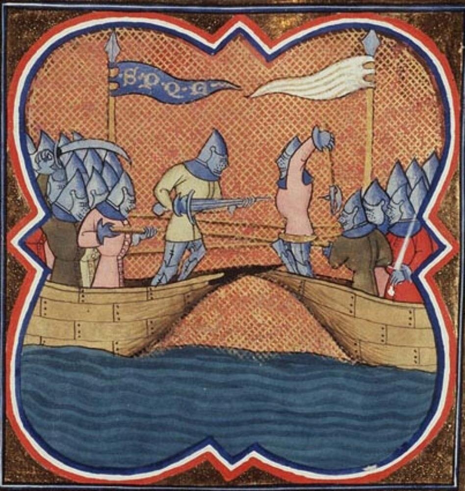Сцена боя из хроники сер. XIV века. Изображена битва между римлянами и карфагенянами.