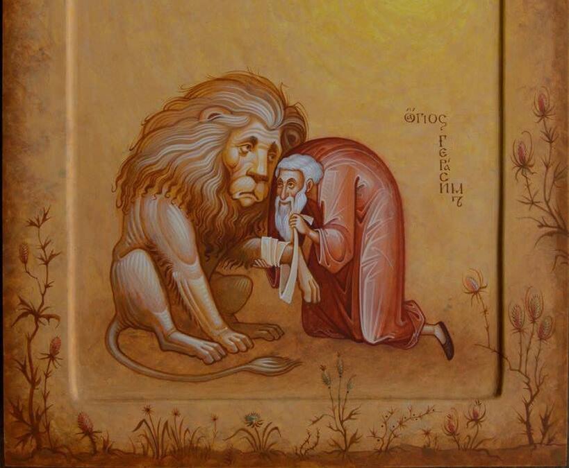 Однажды святой шёл по пустыне и увидел льва с занозой в лапе.