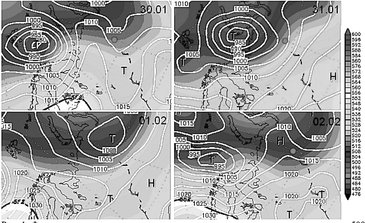 Фрагменты карт давления на уровне моря и высоты геопотенциала на уровне 500 гПа Европы и сопредельных территорий с 30 января по 2 февраля 1959 г. (все данные на 00 часов по UTC). Источник: www.wetterzentrale.de. Примечания. Различными цветами показаны значения геопотенциала (легенда размещена справа, значения в декаметрах), давление на уровне моря (в гПа) показано изобарами (белые линии). T – центр циклона, H – центр антициклона. Красным кружком обозначено место аварии.