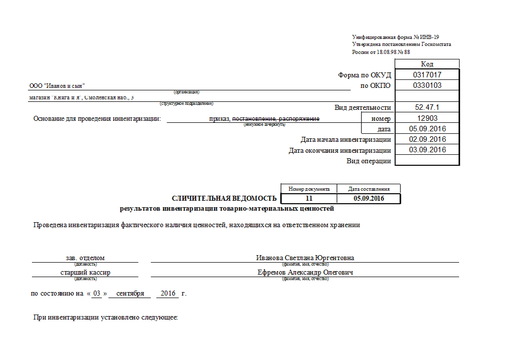 Решение о проведении инвентаризации ф 0510439 образец заполнения