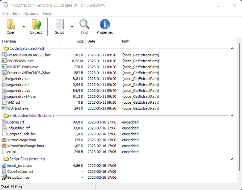 Распаковка архива с прошивкой BIOS ноутбука Lenovo ThinkBook 14 G2 утилитой InnoExtractor