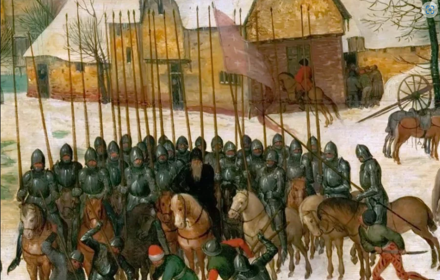 Предводитель рыцарей в латах выглядит как православный игумен. В то время именно церковь осуществляла государственные полномочия. Рыцарь держит стяг Ордена Святого Гроба Господнего Иерусалимского. Красные кафтаны всадников очень напоминают стрелецкие.