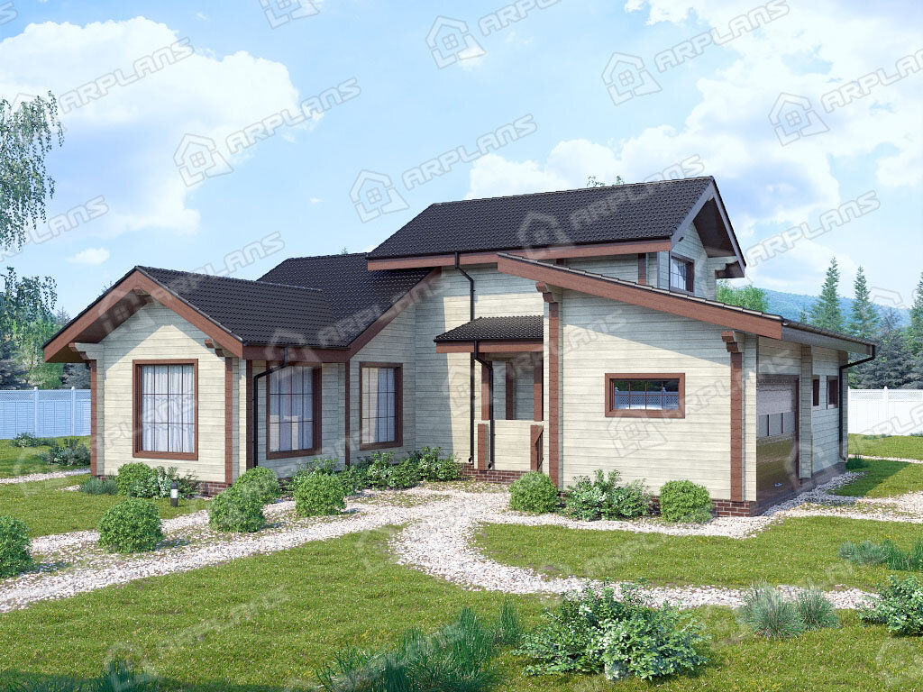 Фото 1 двухэтажной бани из бруса с мансардой, комнатой отдыха, бассейном и гаражом. Площадь 133 кв м. Источник arplans.ru Проект Б-051