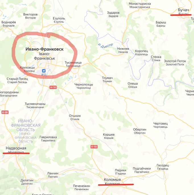 Ивано-Франковск, Надворная. Коломыя, Бучач. Создано на основе Яндекс-Карт