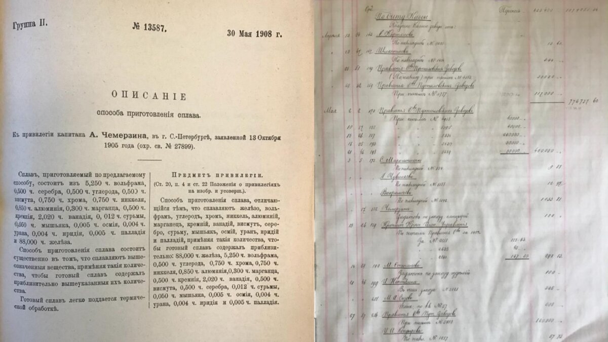 Рис. 1. Описание способа приготовления сплава. Российская национальная библиотека  Рис. 2. Главная книга Путиловского завода
