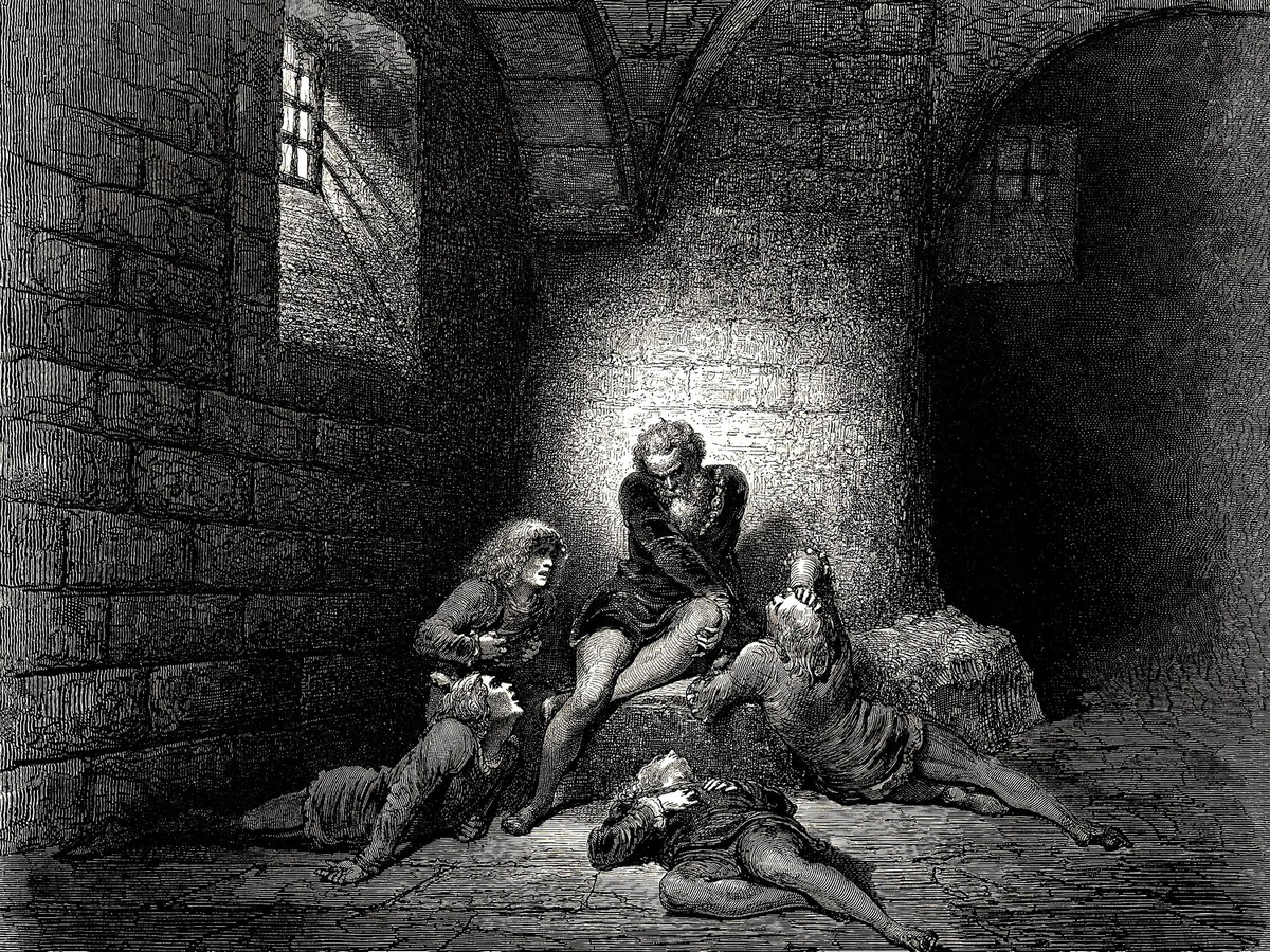 Г. Доре. Заключенные в средневековом замке под абажуром (маленьким косым окошком). Изображение из открытых источников.