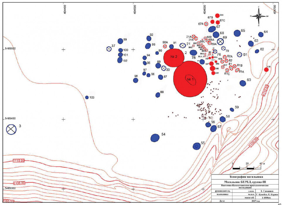 Рис. 2. Могильник Берель. План третьей группы памятников, где сконцентрирована основная масса выкладок-оград сяньбийского периода.