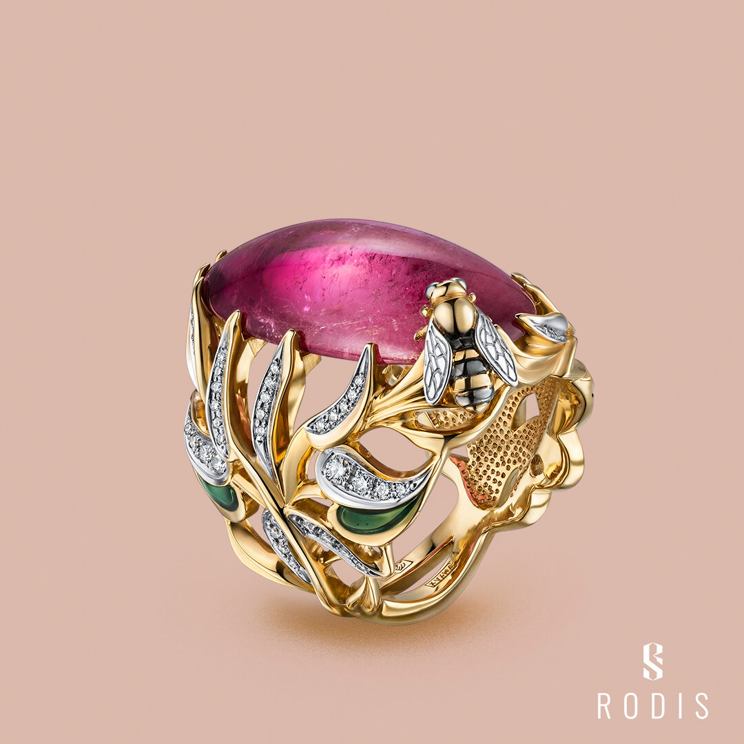 Кольцо "Розовый мед", золото 585 пробы, турмалин, бриллианты, горячая эмаль, ручная работа, единственный экземпляр, стоимость по запросу