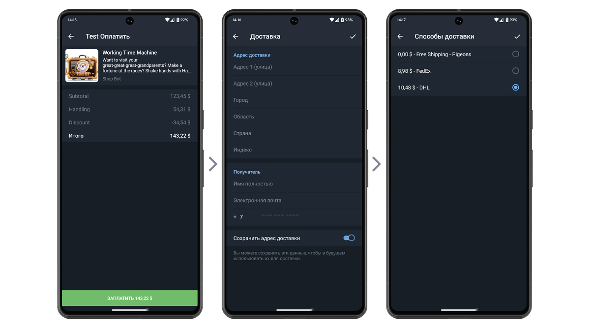 Пример заполнения адреса доставки и выбора способа доставки.
