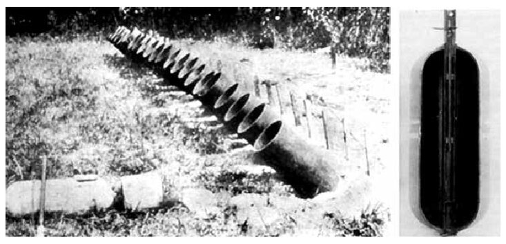 Ливеновский газомет: слева — батарея закопанных ливеновских газометов, рядом на земле метательный снаряд; справа — продольный разрез снаряда