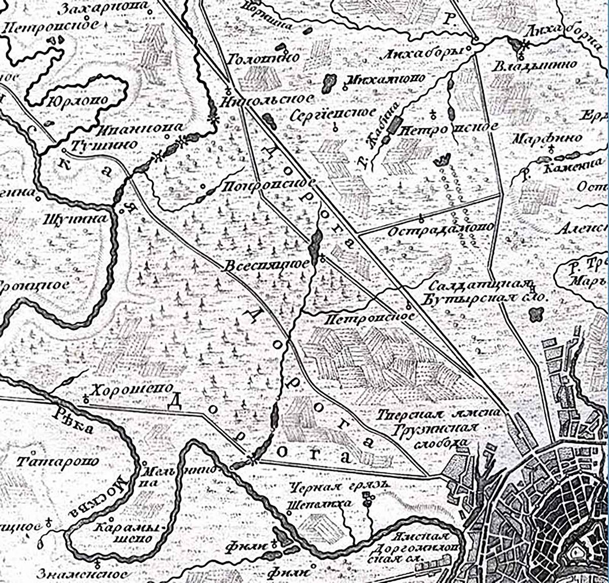 Северо-западные окрестности Москвы на карте 1766 г. В центре — село Всехсвятское.