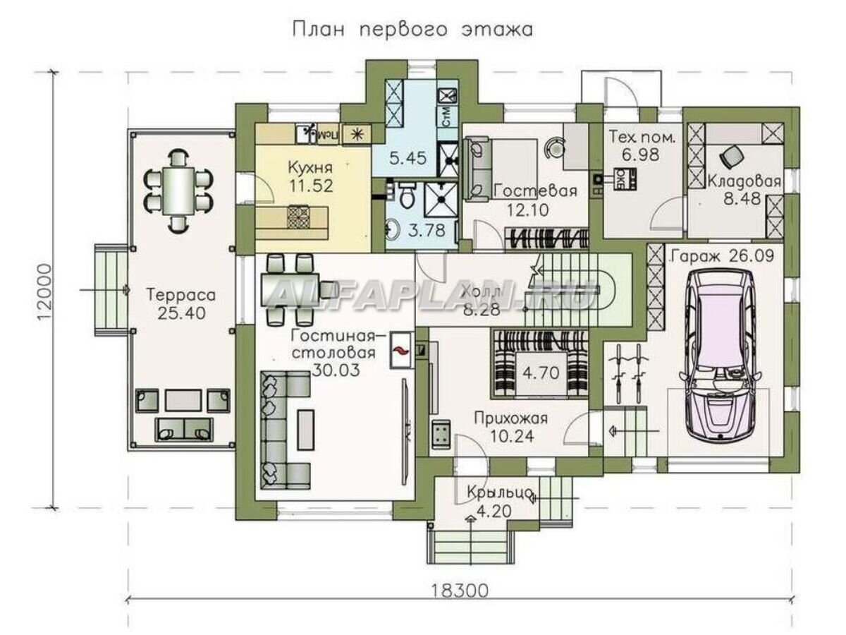 НА СЛАЙД-ШОУ 2 ФОТО: Планировка дома по проекту "Персей" 594В. 

· На входе в дом – двойная дверь, выполняющая роль тамбура для сохранения тепла.
· Просторная прихожая с гардеробной ведет в основную часть дома и в пристройку, где находится гараж, удобная кладовая и тех.помещение (котельная).
· Объемная и светлая  гостиная-столовая с камином и кухня с удобной  кладовой-постирочной образуют единое пространство.
· Рядом с лестницей на 2 этаж -  гостевая комната (или кабинет) и санузел с душевой.
· Из кухни предусмотрен выход на большую крытую террасу.