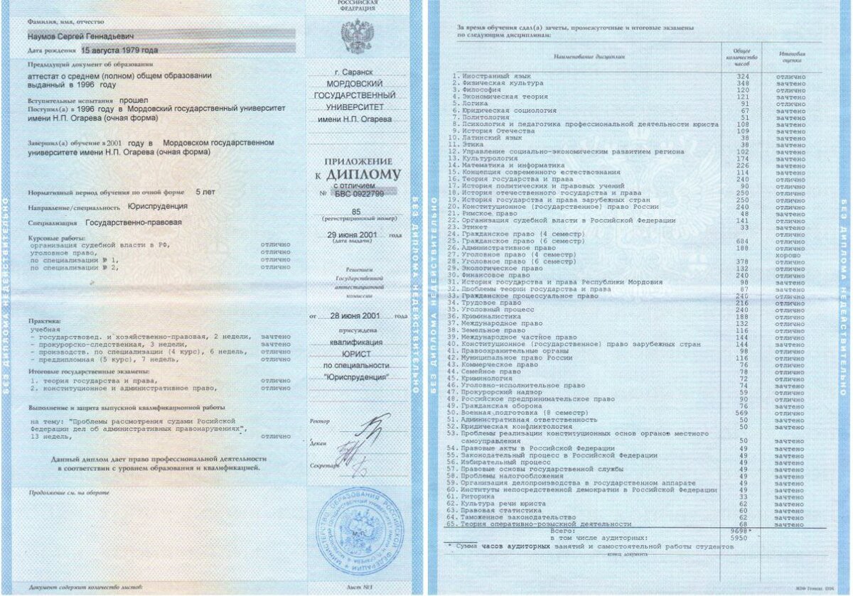 Приложение к диплому специалиста старого образца