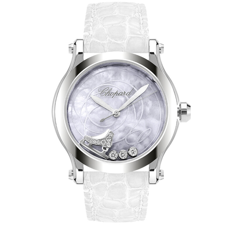 Лимитированные часы Chopard Happy Sport Tatiana Navka с 36 мм корпусом из белого золота с плавающими бриллиантами и фигуркой