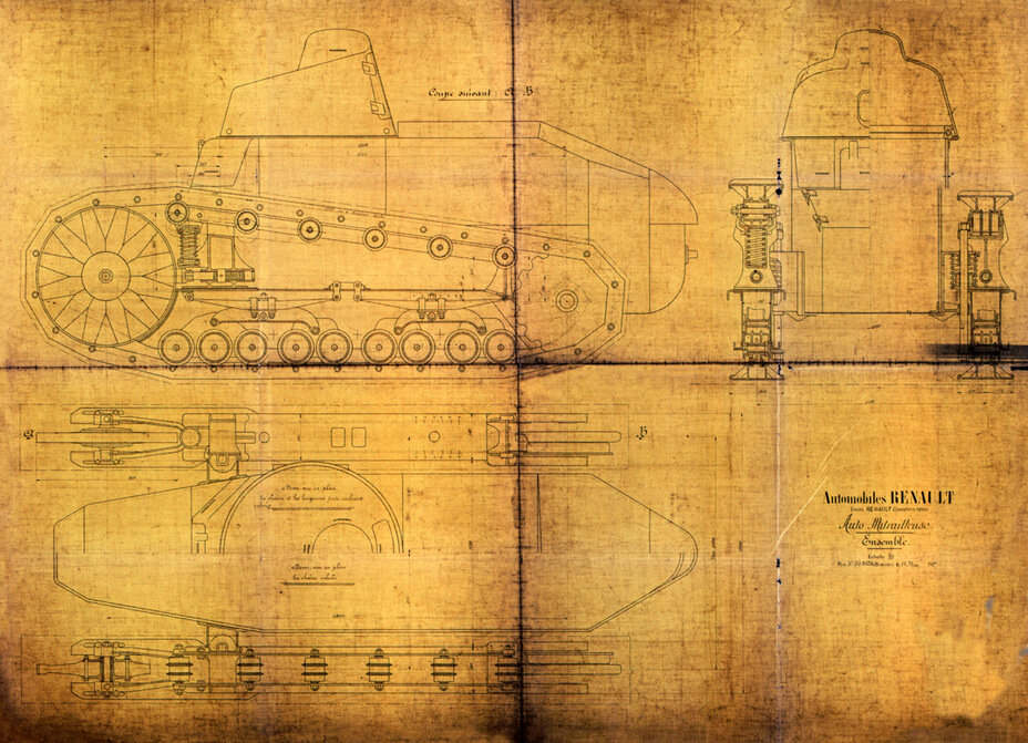 Предварительный чертеж Прототип танка Сhar mitrailleur Renault 