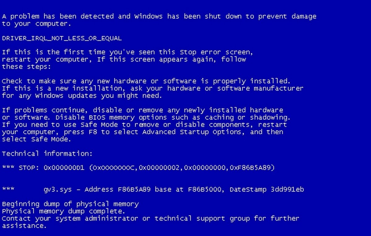 Синий экран смерти системы Windows:
