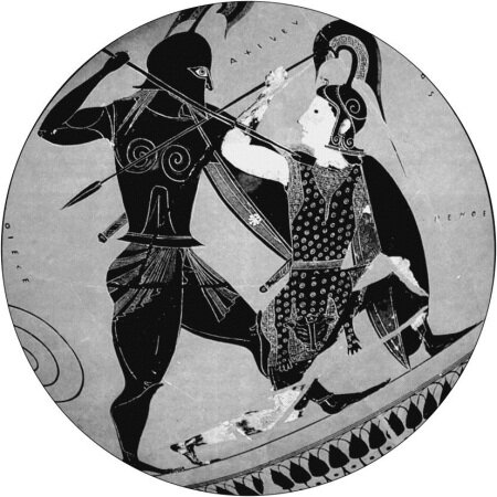 Ахилл убивает королеву амазонок Пентисилею. Фрагмент росписи греческой амфоры около 530?г. до н. э. 