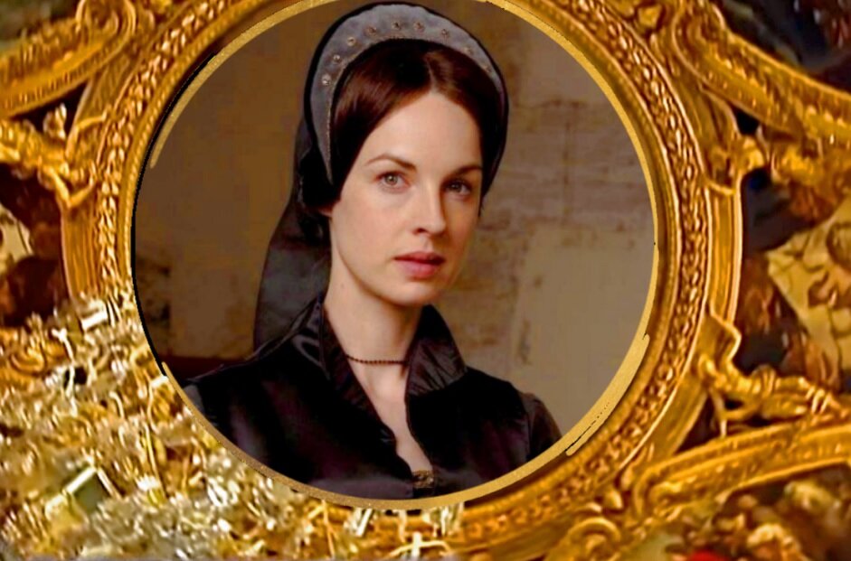 Джейн Болейн леди Рочфорд – Джессика Рейн. Кадр из британского мини-сериала «Волчий зал». 2015 г. Коллаж. Из открытых источников