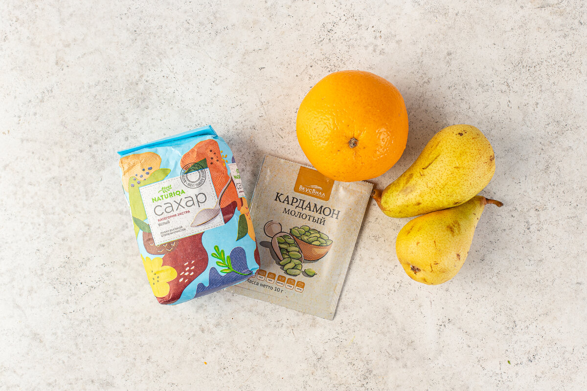 Для приготовления нам понадобятся:
— груши, 400 г
— апельсин, 1 шт.
— сахар, 200 г
— кардамон молотый, щепотка
— вода, 100 мл