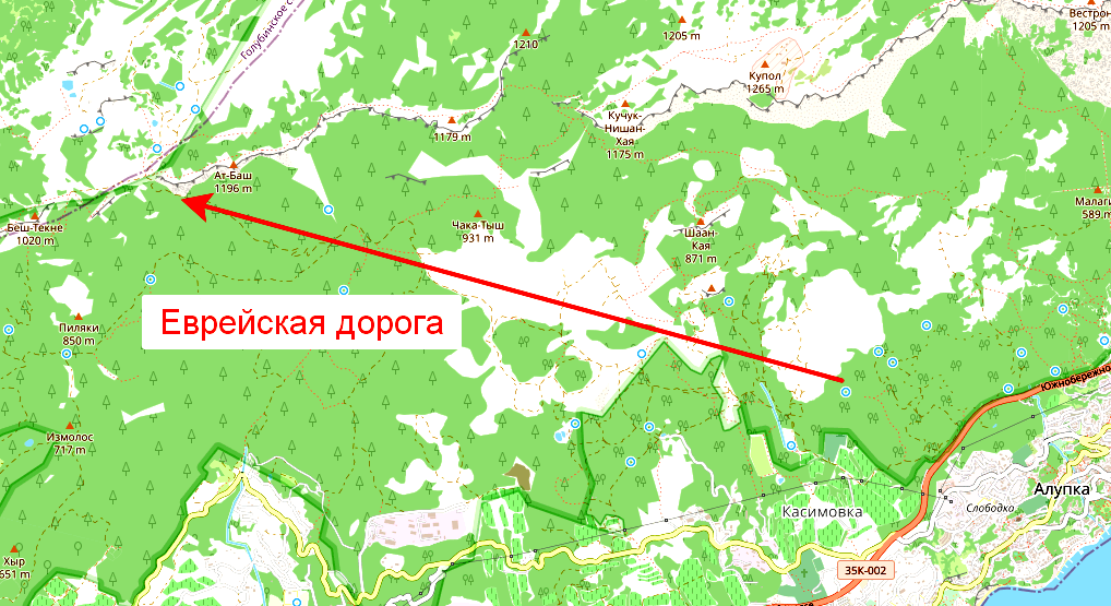 Направление "Еврейской дороги" от Алупки к перевалу Ат-Баш