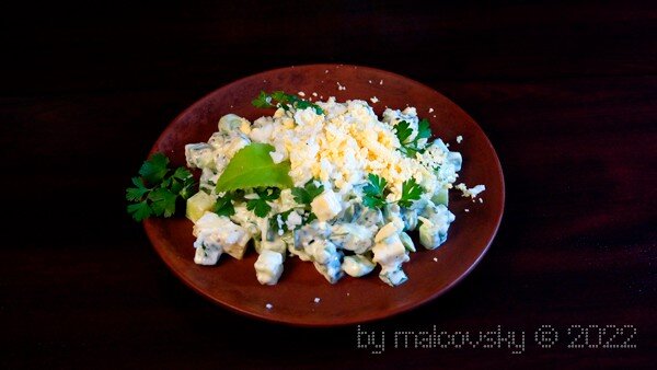 Салат огуречный с сыром и майонезным соусом с зернистой горчицей