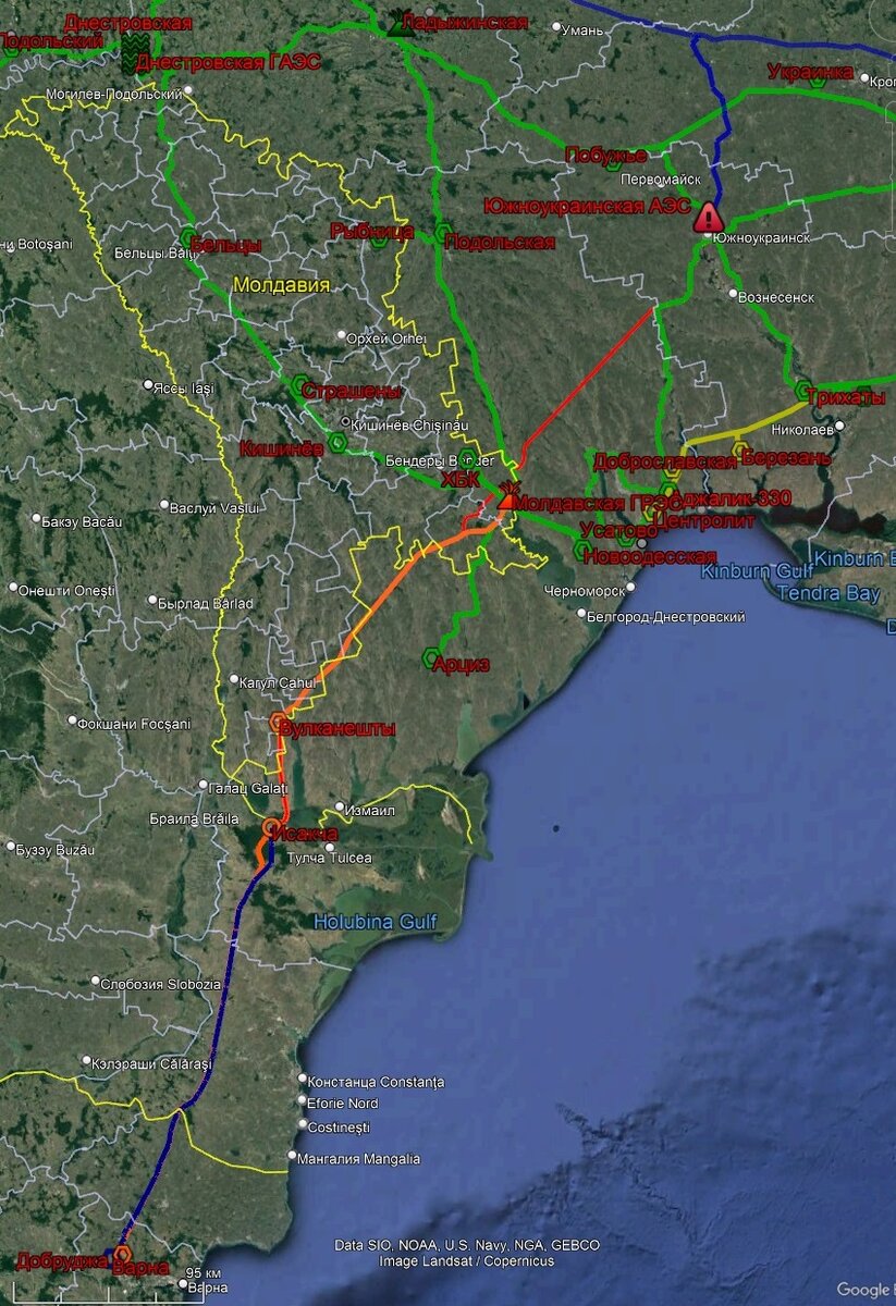Юг Украины, Молдова и трансграничные ВЛ. Синий цвет – 750 кВ, рыжий – 400 кВ, зелёный – 330 кВ, жёлтый – 220 кВ. Красным показана ВЛ 750 кВ ЮУАЭС - Исакча