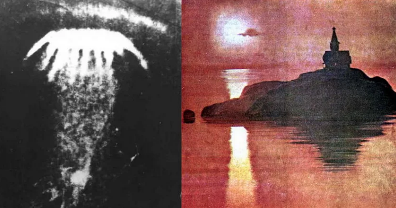 1977 год "Петрозаводское чудо": 20 сентября в 4 часа утра над главной улицей Петрозаводска - улицей Ленина был замечен НЛО в виде яркой звезды, от которой исходили лучи красного цвета. Явление сопровождалось массовыми наблюдениями НЛО в северных районах СССР и в Финляндии. Позднее в стеклах верхних этажей были обнаружены большие отверстия с очень острыми краями. На фото копия единственной известной фотографии "петрозаводской дивы" - сцена огненного дождя и рис. В. Лукьянц "Соловки" (журнал "Техника - молодежь" №4, 1980 г.)