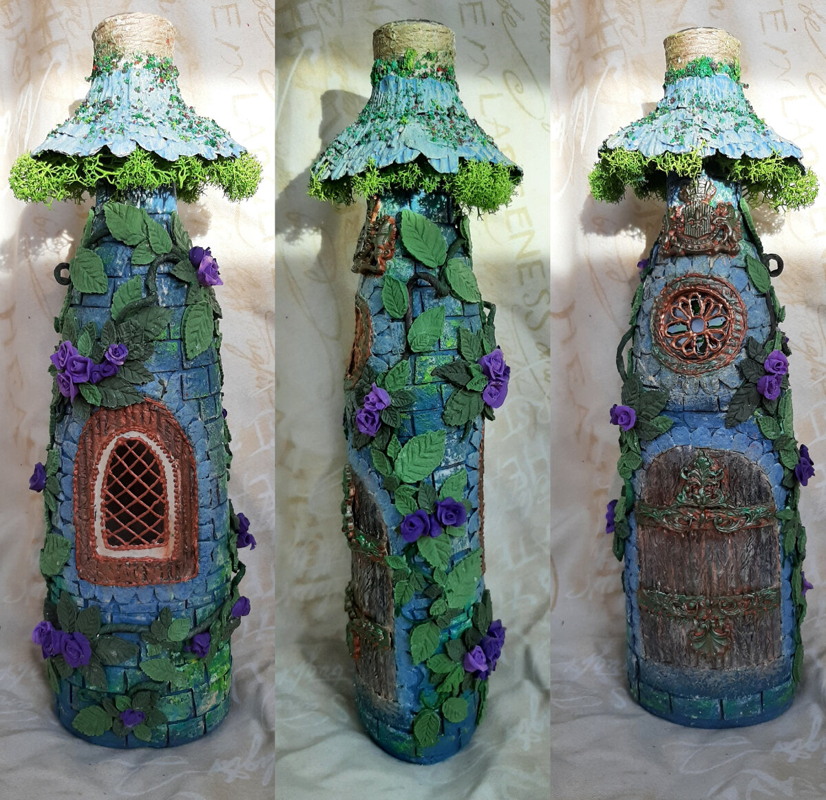 Продолжаю потихоньку состаривать все, что попадётся в руки. В основном попадаются бутылки. И я в восторге от этой техники! Если описать красивыми словоми из песни, то "Let beauty come out of ashes", а по-нашему, по-русски, я бы назвала эту технику: "сделано из го*на и палок". Ничего не надо! Просто идёшь по дому и собираешь мусор полные ладони. Коробка из под пиццы, упаковка от яиц - идеальные источники картона, имитация черепицы и кирпичей. Поролоновые губки - плесень. Бумажные полотенца, засохшие салфетки для монитора - рельеф,  деревянная поверхность. Крупа - гравий. Фольга для запекания - стебли. Деревянные палочки от мороженого - забор. Одноразовые стаканчики - мутное стекло, каркас. Просроченная декоративная косметика - пыльца. Торф, клочки шерсти домашнего питомца. Идеально и бесплатно. Я так привыкла к тому, что любое рукоделие это минимум две тысячи рублей на приобретение необходимых материалов, потом процесс, потом утилизация ошибочных вариантов, дозакупка материалов, потому что: "Аааааа, вот теперь я поняла, как надо было, дубль второй", что просто не могу нарадоваться, что ничего не надо покупать. Дом под завязку забит необходимым. Ну разумеется нужны ножницы, ножик, клей ПВА, клей Момент, кисточки, акриловые краски, зубочистки, ватные диски, изопропиловый спирт - но оно вроде как имеется по умолчанию. Купила только стабилизированный ягельный мох, потому что 100 грамм 170 рублей и детский воздушный пластилин для листочков и розочек 220 грамм за 200 рублей, на центнер бутылок хватит. И ещё у меня была запасена баночка рельефной пасты. Но можно и обычную шпатлёвку. Но можно и без неё.Работаем далее.