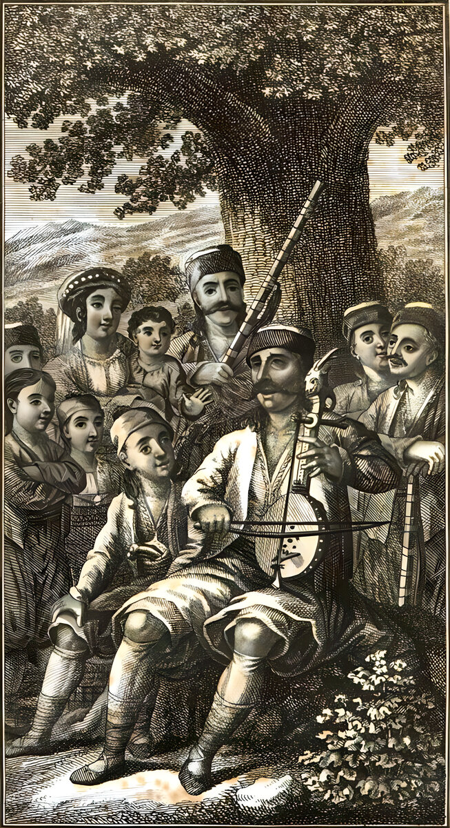 Сербский сказитель с гусле. Иллюстрация неизвестного автора. Сербские юнацкие песни как правило поются под сопровождения этого инструмента, который похож на русский гудок или европейскую скрипку.