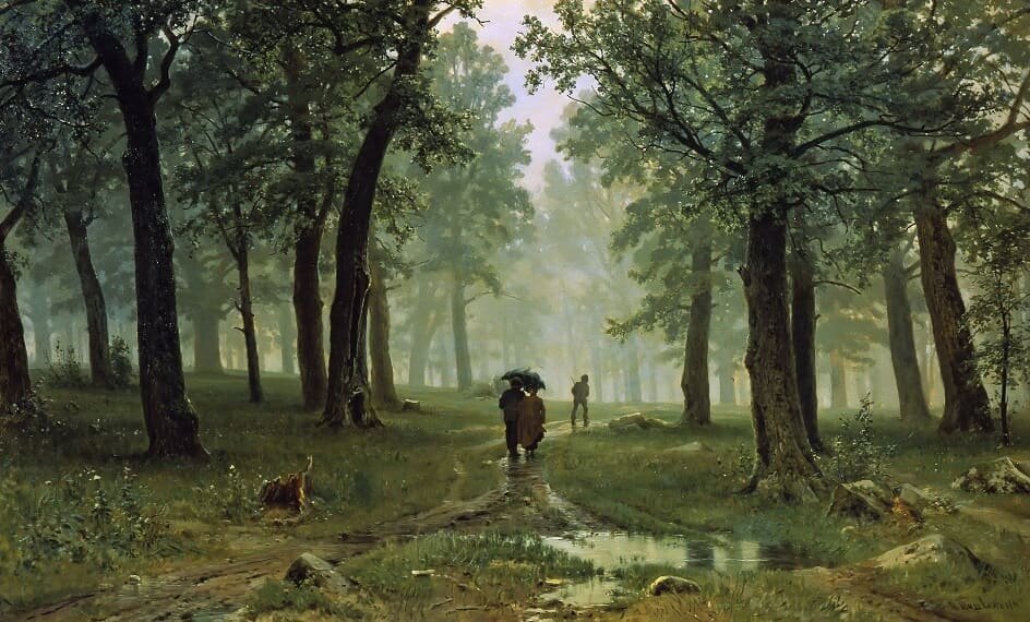 Иван Шишкин. Дождь в дубовом лесу. 1891. Холст, масло. 124 Х 203. Государственная Третьяковская галерея. Картина написана летом в одном из парков Петергофа. Художник изобразил тихий летний дождик, освежающий лес.