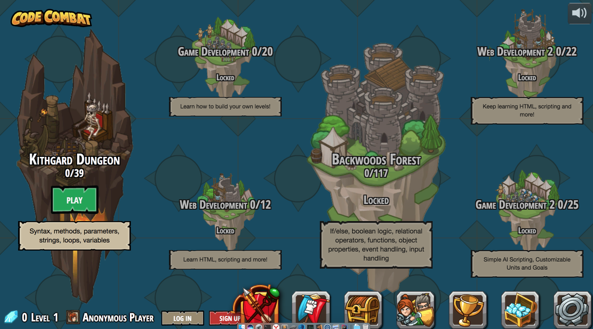 Экран выбора уровней на сайте КодеКомбат.
Курс GameDev2 в правом нижнем углу