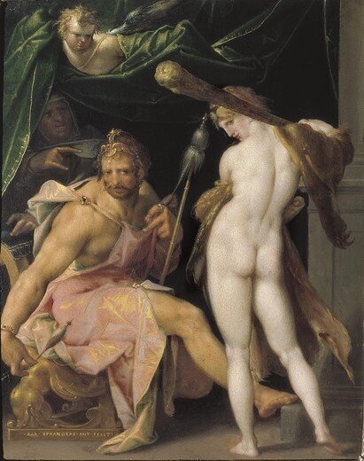 Мучается, бедняга. Ему стыдно и стремно, но он терпит. Б. Шпрангер, «Геракл и Омфала», 1585 г.