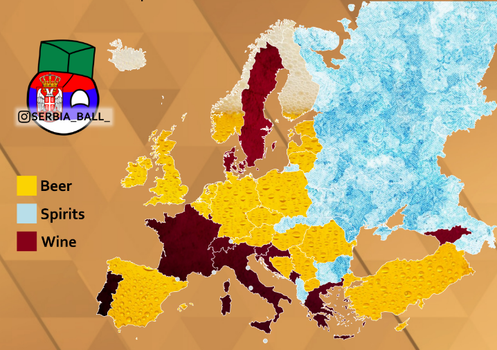 Какое пойло предпочитают в Европе? Карта составлена по данным Wikipedia