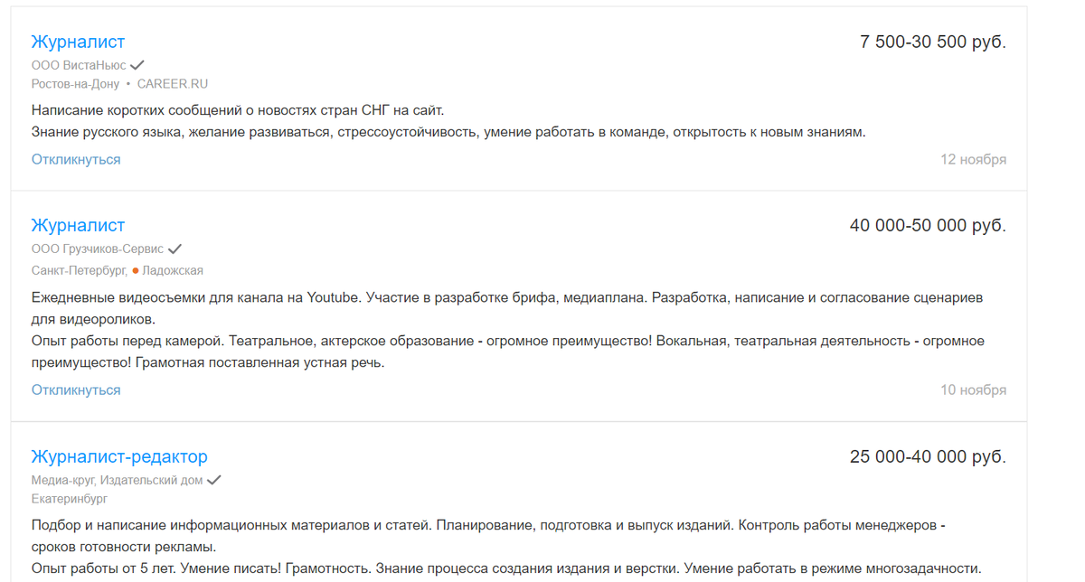 Примеры вакансий для журналистов на сайте HeadHunter 