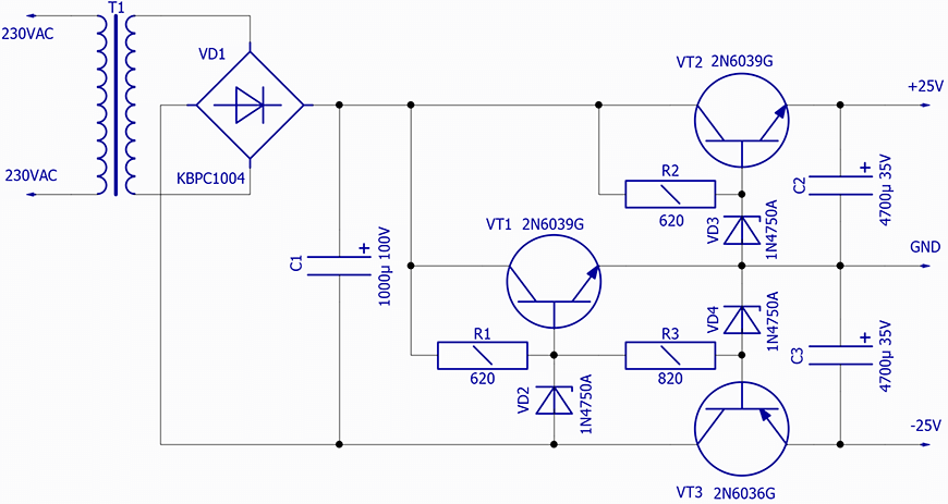 Схема двухполярного блока питания на 30 вольт