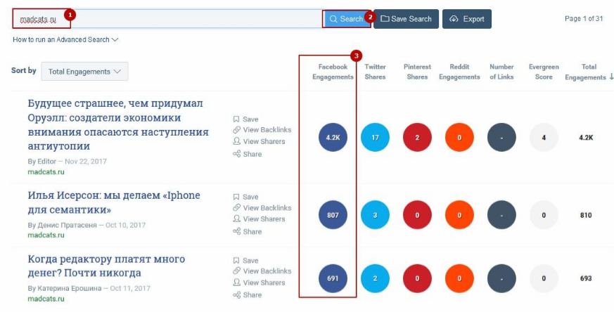 Инструмент позволяет искать материал, которым пользователи делились в социальных сетях. Отсюда можно узнать, какие темы более интересны читателям.
