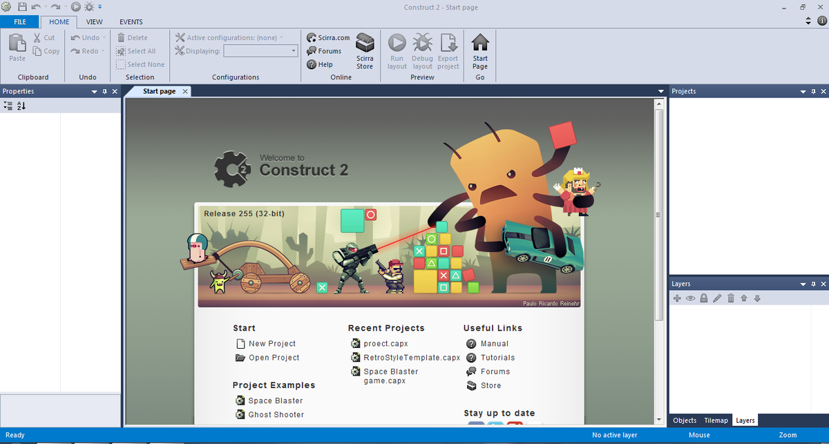 Начальное меню движка Construct 2