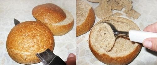    Лучше всего подойдёт чёрный хлеб, хотя возможны и другие варианты. Срезаем верхушку и выскабливаем из хлеба мякоть, аккуратно, чтобы не повредить основу нашей "тарелки". Затем натираем каждую хлебную тарелку изнутри чесноком. А мякоть можно использовать в приготовлении другого блюда (к примеру в котлеты или для панировки) или попросту съесть.   