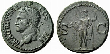 Медный асс, выпуск Калигулы в честь своего деда Агриппы, отчеканенный между 37 и 41 годами н.э. На аверсе изображена голова Агриппы в ростральном венке, на реверсе — бог Нептун.